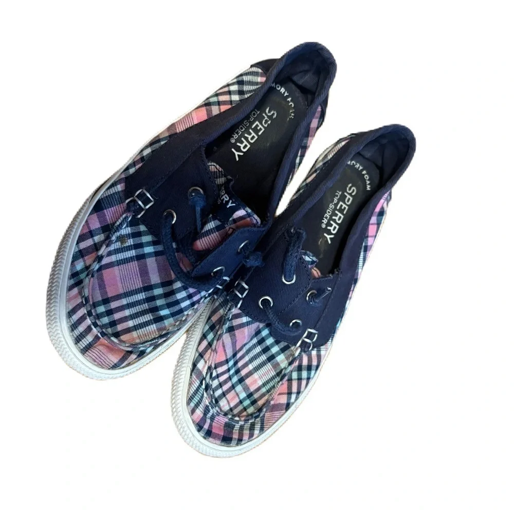 Sperry Navy Plaid Canvas Boat Shoes with Pink Accents Sz 1